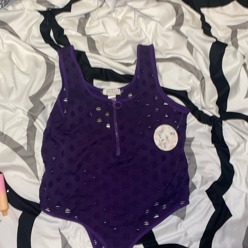 XL distressed purple bodysuit with zipper in front